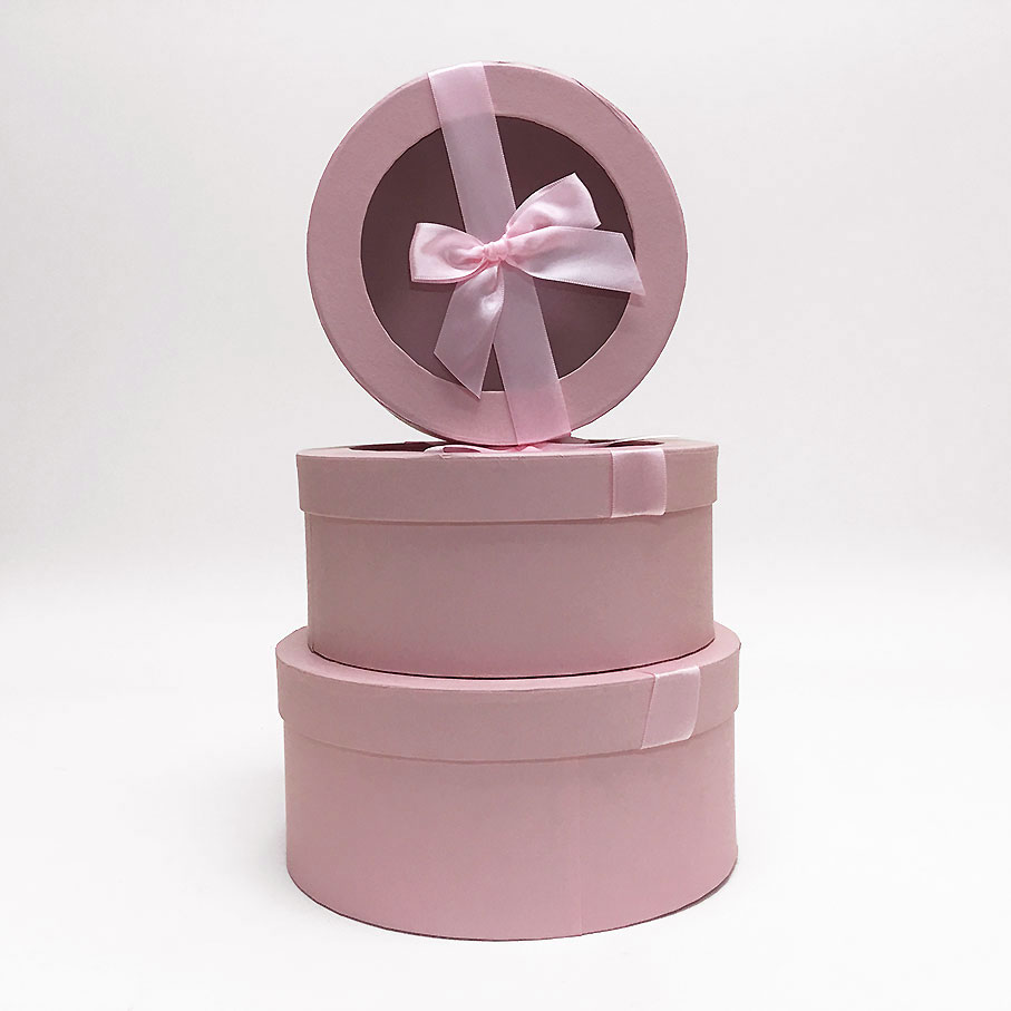 Round Shpae Flower Boxes W7410-1 Pink Round Flower Boxes With Ribbon