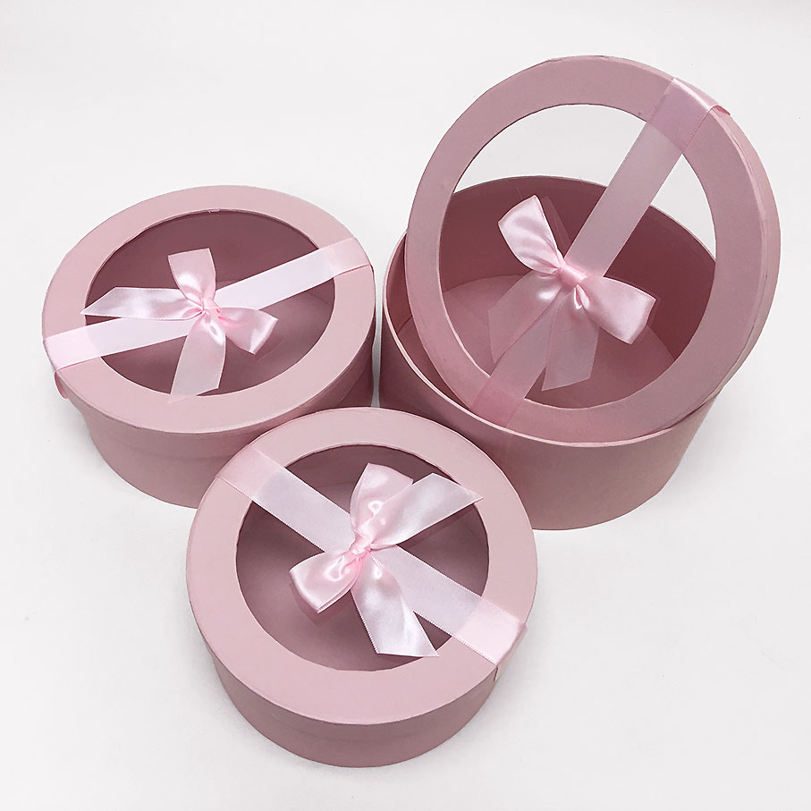 Round Shpae Flower Boxes W7410-2 Pink Round Flower Boxes With Ribbon
