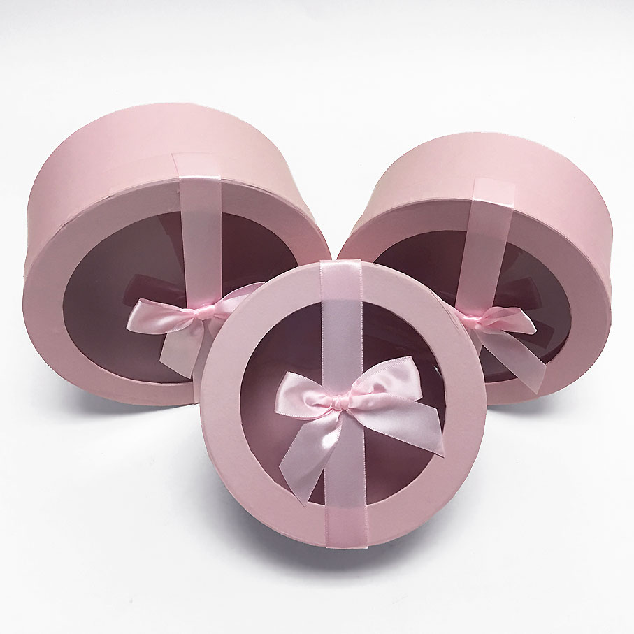 Round Shpae Flower Boxes W7410-4 Pink Round Flower Boxes With Ribbon
