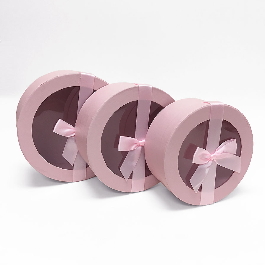 Round Shpae Flower Boxes W7410-5 Pink Round Flower Boxes With Ribbon