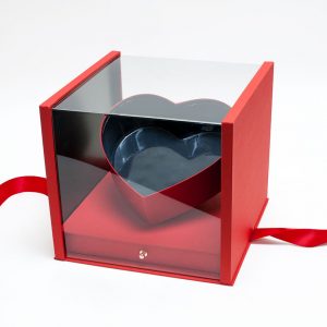 1119Ared  Red Acrylic Square Flower Box Tilted Heart Center And Drawer