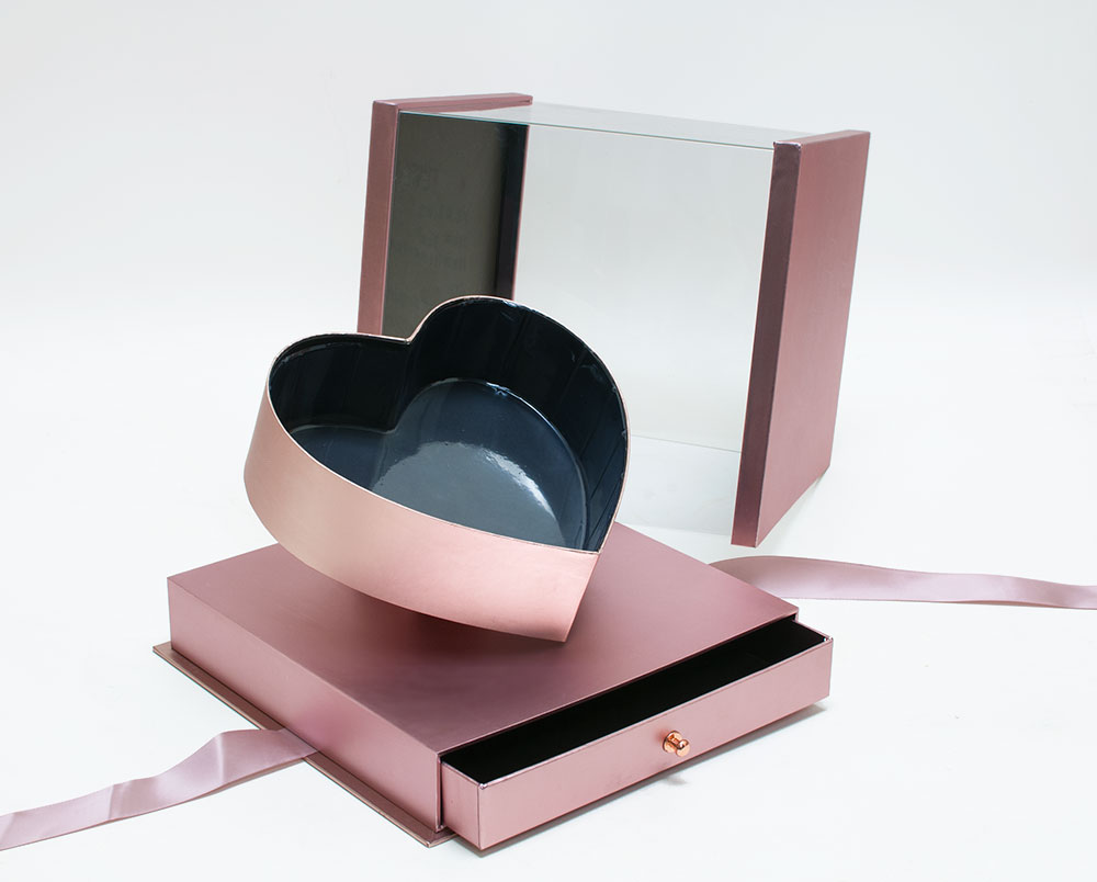 1119Arosegold-1 Rose Gold Acrylic Flower Box with Drawer and Ribbon