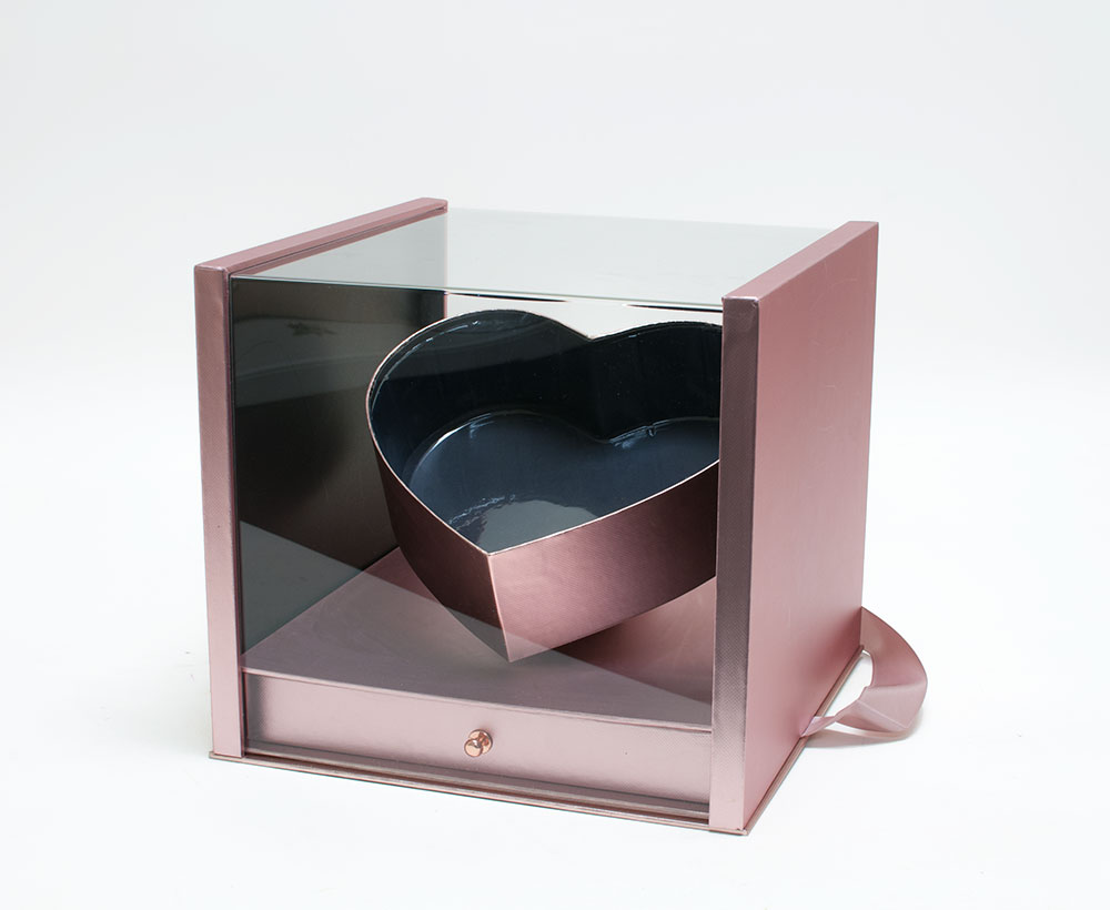 1119Arosegold-2 Rose Gold Acrylic Flower Box with Drawer and Ribbon