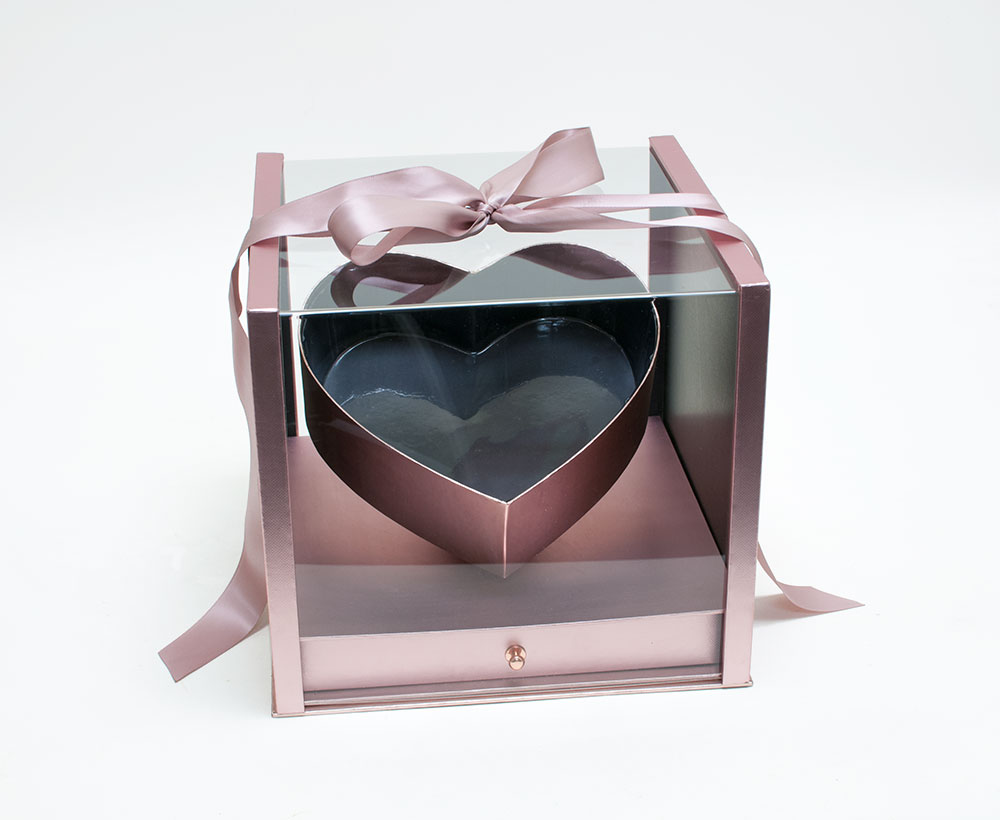 1119Arosegold-3 Rose Gold Acrylic Flower Box with Drawer and Ribbon