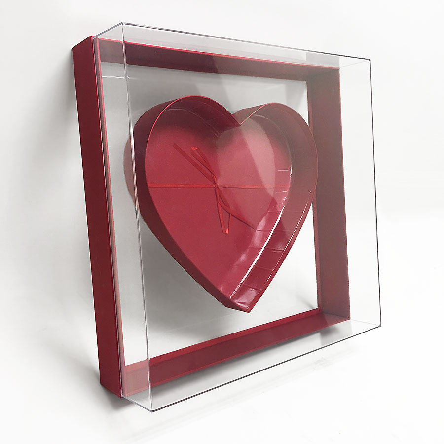 Acry101PFLRed-4 Large Red Transparent Square Heart Shape Flower Box