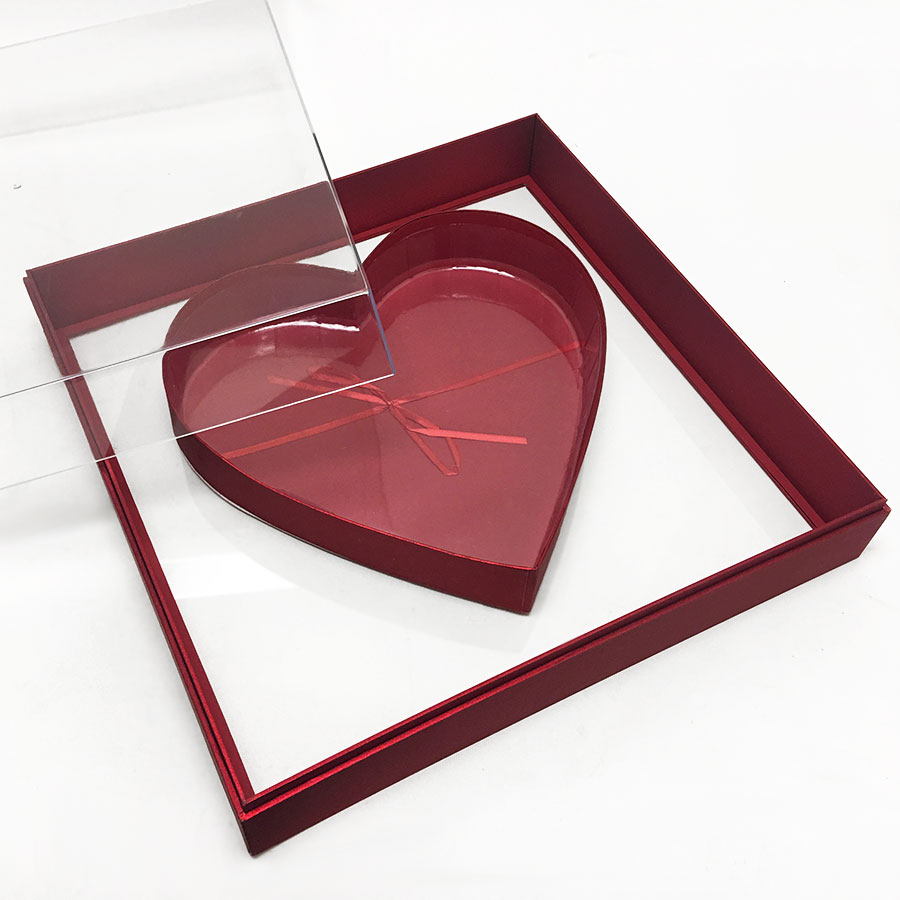 Acry101PFLRed-5 Large Red Transparent Square Heart Shape Flower Box