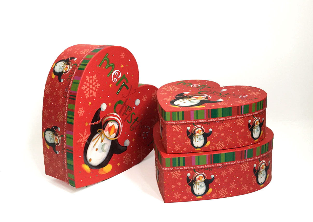 W7844-christmas-Penguin-heart-shape-boxes Red Christmas Penguins Heart Shape Flower Boxes