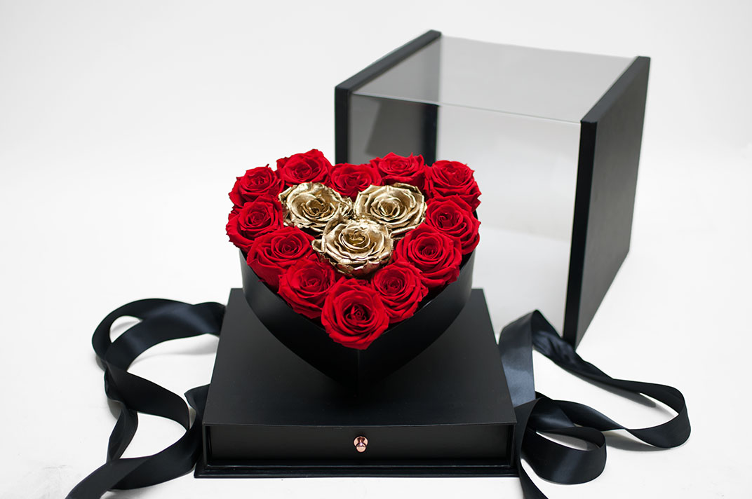 1119ablk2 Black Acrylic Square Flower Box Tilted Heart Center And Drawer