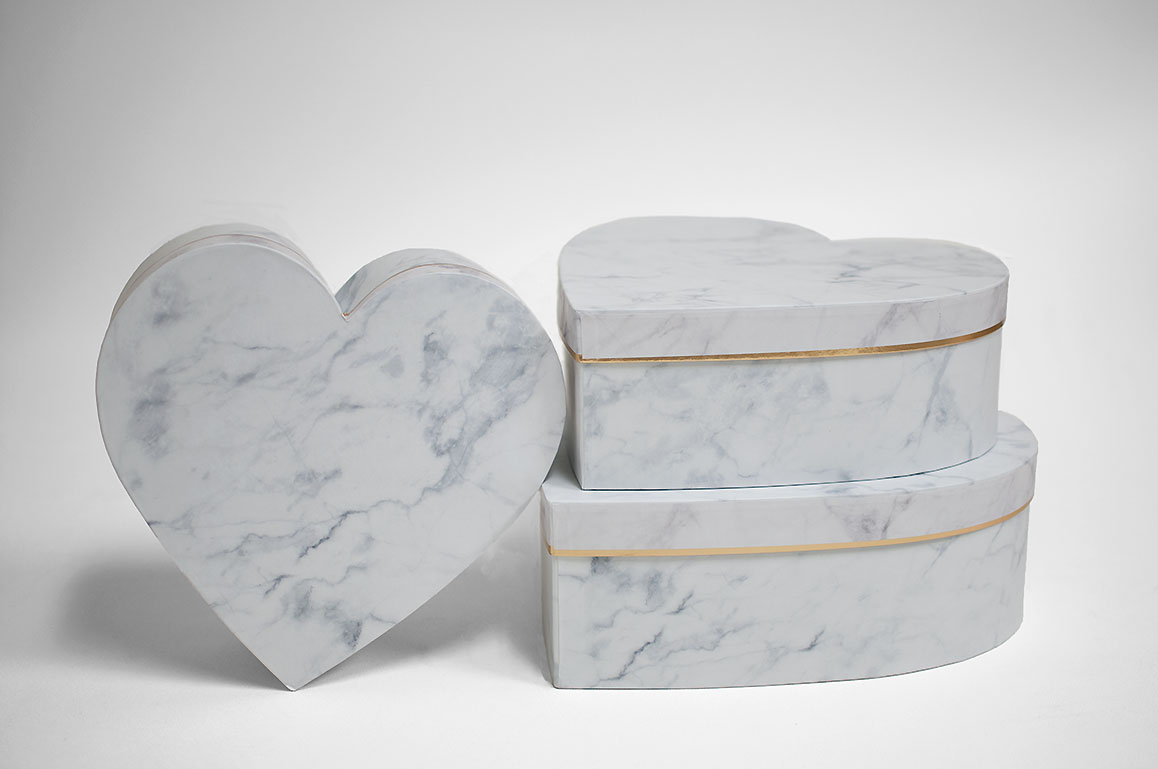 W6729-1WEB Set of 3 Marble White Heart Shape Flower Boxes