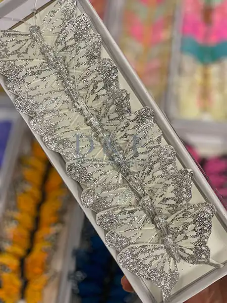 White Butterflies With Silver Glitter For Floral Arrangement Decorations.
