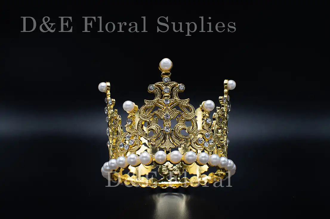 Medium 3.25 Inches By 2.25 Inches Floral Crown With Pearls and Diamonds In Gold Color
