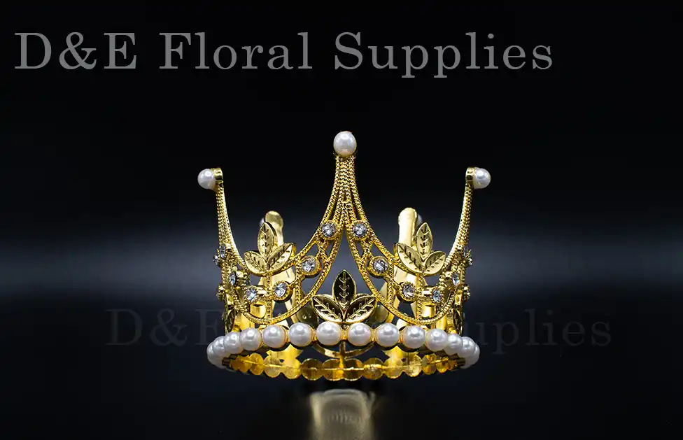 Crown-C008-Gold Medium 3 Inches By 2 Inches Floral Decoration Crown With Crystals And Pearl In Gold Color C008