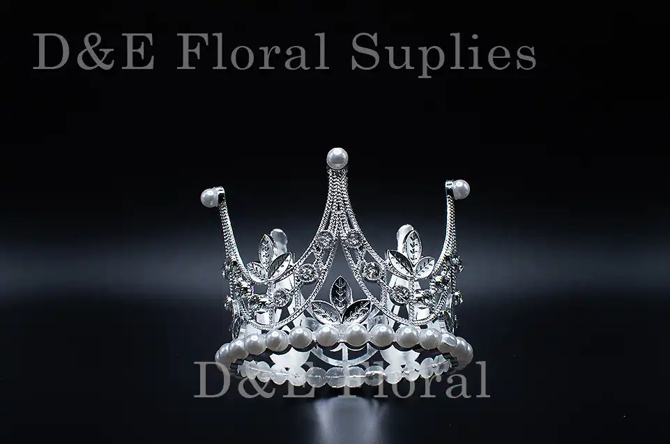 Medium-Crown-C008-Silver Medium 3 Inches By 2 Inches Floral Decoration Crown With Crystals And Pearl In Silver Color C008