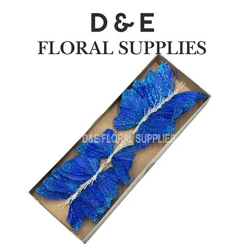 4 Inches Decorative Royal Blue Glitter Butterflies Made With Feathers For Flower Arrangement (Pack of 12)