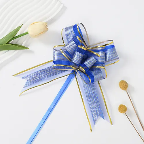5.5 Inches Dark Blue and Gold Pull Bow Ribbon – 10 Pieces/Pack