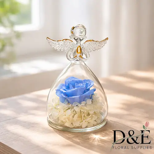 Blue Preserved Rose Angel Glass Bottle – Romantic Valentine’s Gift | D&E Floral Supplies