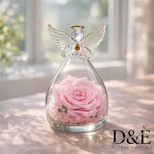 Angel Eternity Pink Rose Pink preserved rose displayed inside an angel glass bottle