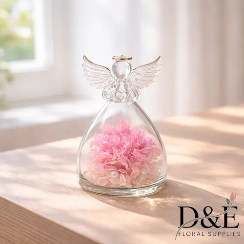 Pink Preserved Carnation Angel Glass Bottle – Sweet Valentine’s Gift | D&E Floral Supplies