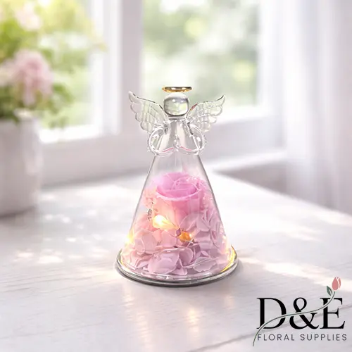 Pink Preserved Rose Angel Glass Bottle with LED Light – Romantic Valentine’s Gift | D&E Floral Supplies